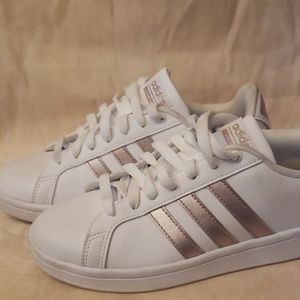Adidas all white with metallic pink branding